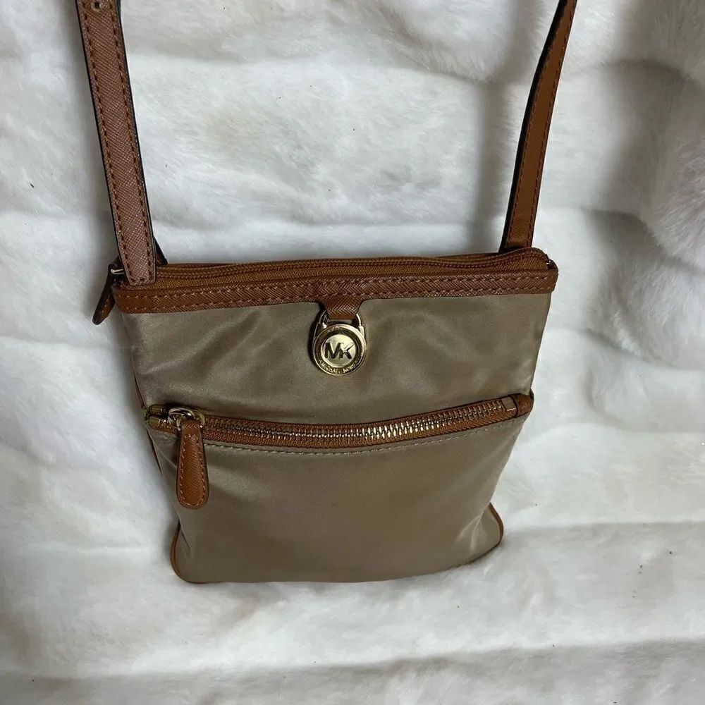 Michael Kors khaki Nylon crossbody bag with brown leather trim &adjustable strap